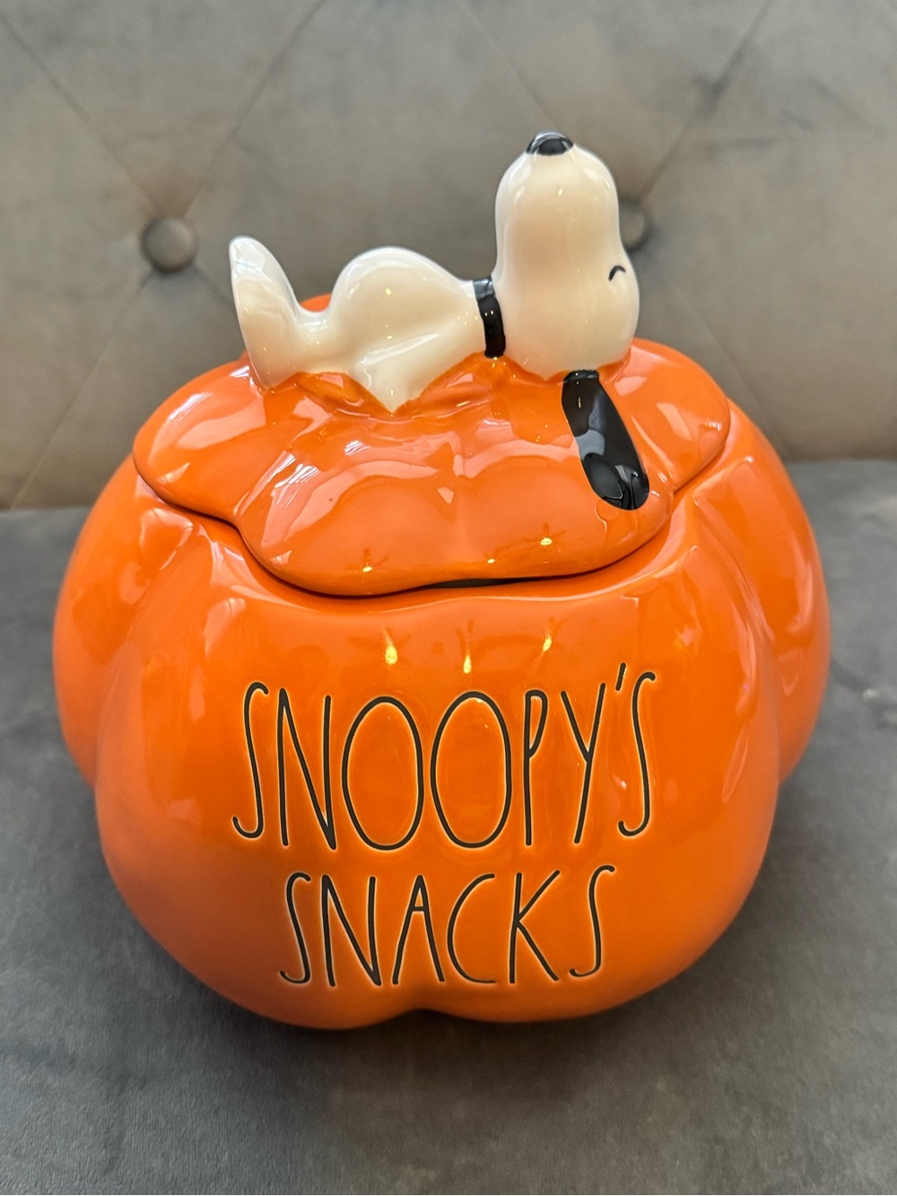Rae Dunn Orange Snacks/Cookie Ceramic Pumpkin with Snoopy Lid